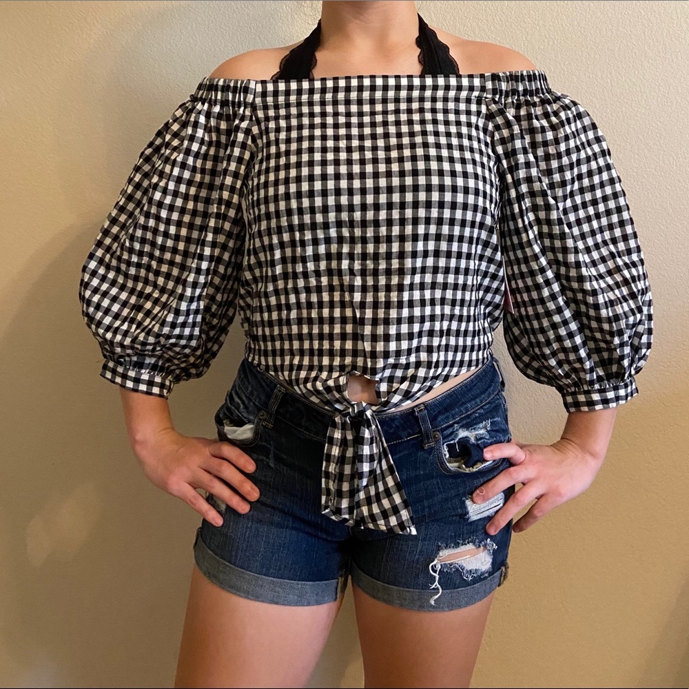 Off the shoulder black and white checkered top
